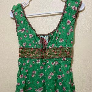 Free People Women's Y2K Style Pink/Green Floral Smocked Accent Shirt Size 4